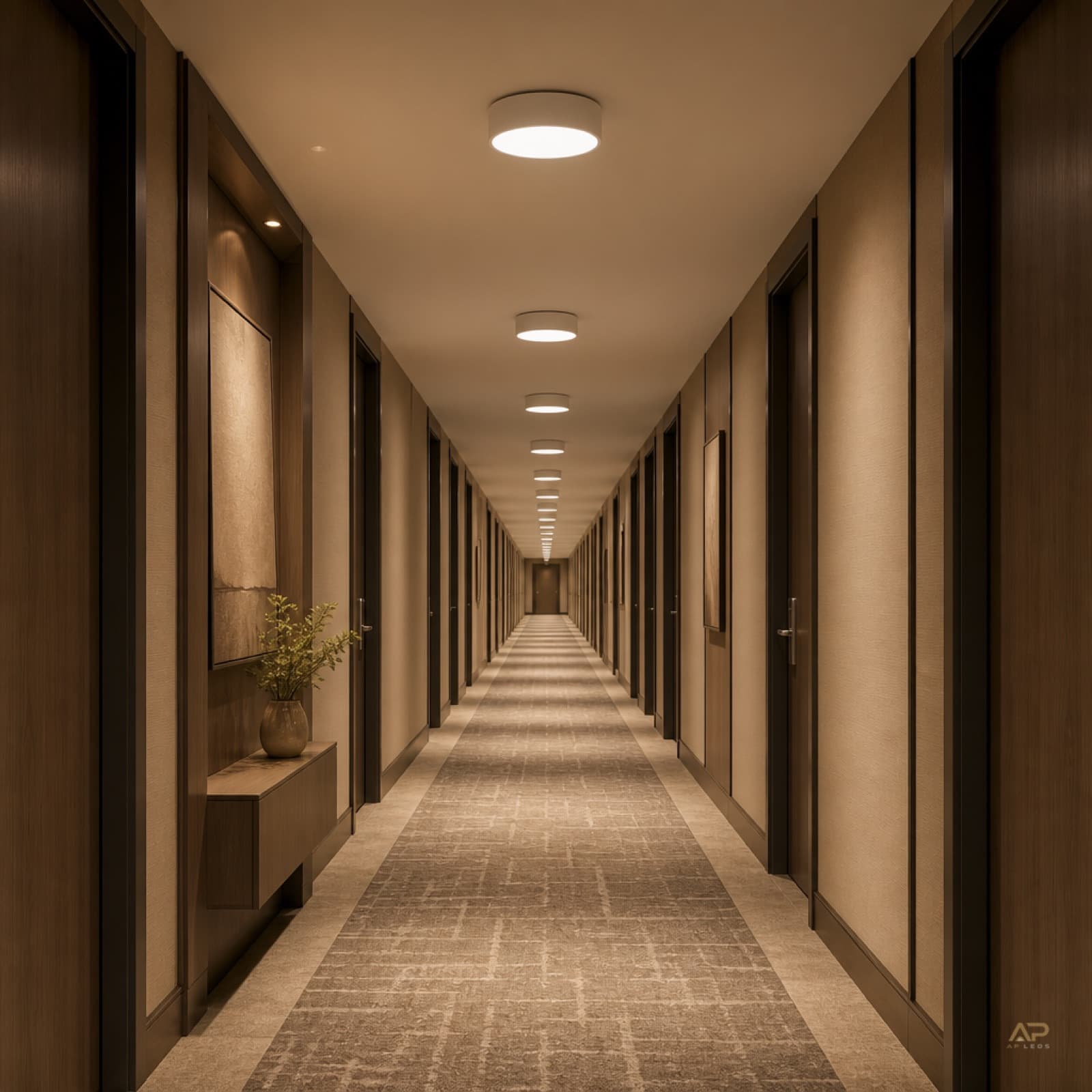 Warm architectural lighting along a hotel corridor